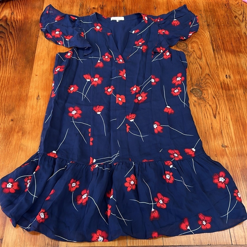New Parker Violet Dress Navy Red Floral Silk Blend Women's Size Small Flutter - Picture 10 of 14